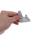 Hand holding a two piece adjustable metal hinge for Top Shelf Metal Refrigerator Door Hinge Replacement Two Piece Adjustable Pivot Hardware For Fridge Cooler And Freezer Doors Quiet Stable Fit No Sweat Quick Swap Installation.