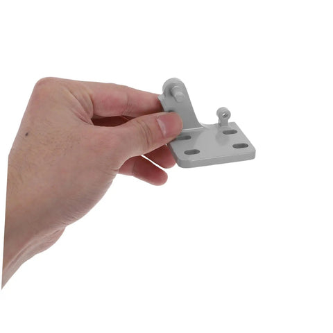 Hand holding a two piece adjustable metal hinge for Top Shelf Metal Refrigerator Door Hinge Replacement Two Piece Adjustable Pivot Hardware For Fridge Cooler And Freezer Doors Quiet Stable Fit No Sweat Quick Swap Installation.