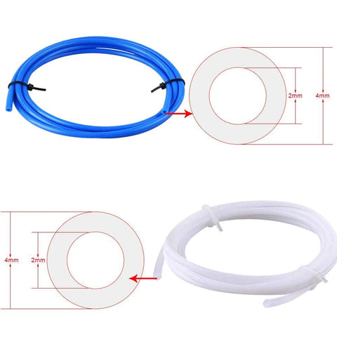 PTFE tubing coils: blue 1 m tube and white tube with size diagrams; for 3D printers