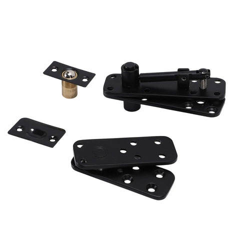 Heavy Duty Concealed Pivot Door Hinge Complete Hardware Kit Forged From Solid Stainless Steel, black finish with mounting plates.