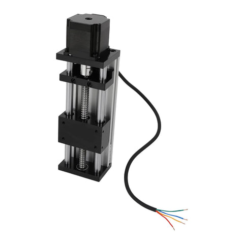 Front view of 100mm ball-screw linear actuator with NEMA23 motor and aluminum guide rails