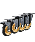 Badass Heavy Duty Rubber Caster Wheels With Smooth Swivel Action And Rock Solid Locking Brake For Furniture Workbenches Medical Trolleys And Silent Rolling Support System Pack Of Four with black and yellow rubber wheels.