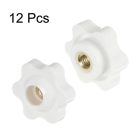 12 Pack M5 Star Knobs With Through Hole And Female Thread, 25mm Diameter, 6-Point Plastic Head With Brass Insert, White