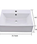 Rectangular Wall Mount Vessel Sink for Bathroom 21x16 White Porcelain Ceramic Above Counter Vanity Lavatory Basin With Single Faucet Hole