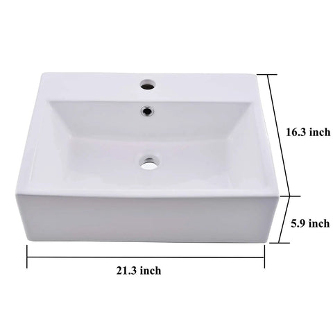 Rectangular Wall Mount Vessel Sink for Bathroom 21x16 White Porcelain Ceramic Above Counter Vanity Lavatory Basin With Single Faucet Hole