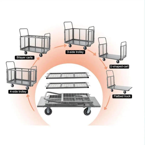 6 In 1 Platform Cart With Removable Cage Heavy Duty Folding Flatbed Lift Cart For Warehouse Grocery And Storage 1800 Lb Capacity With 6 Inch Swivel Wheels Built From Durable Steel For Easy Maneuvering And Versatile On The Job., shown as 4-side trolley and flatbed