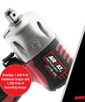 No-Bull Heavy-Duty Pneumatic Impact Wrench Pushing 1450 Foot Pounds Killer Torque And Vibrotherm Low-Vibration Composite Build, showing handle and torque specifications.