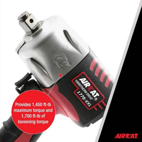 No-Bull Heavy-Duty Pneumatic Impact Wrench Pushing 1450 Foot Pounds Killer Torque And Vibrotherm Low-Vibration Composite Build, showing handle and torque specifications.