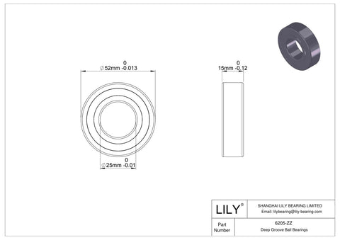 Diagram of heavy duty ball bearings 6205 ZZ with dimensions.