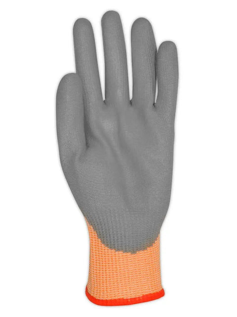 DX Technology Cut Resistant Work Glove With Polyurethane Palm ANSI A4 Protection, Size 9 Large, gray glove with orange cuff