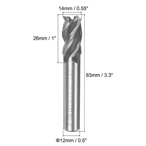 End mill cutter with helical grooves, 14x12x26x83mm, 4-flute HSS-AL, straight shank, 2 pcs for metalworking
