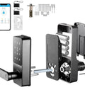 Absolute Game Changer Smart Door Lock Featuring Fingerprint Keypad Bluetooth App Control And Keyless Code Entry showing components and setup.