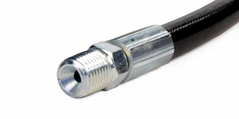 Close-up of Beefy Four Thousand Four Hundred PSI Sewer Jetter Hose One Quarter Inch By Two Hundred Feet with solid metal end connector.