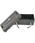 Smooth Ride Mid Size Drum Hardware Case With Roll Along Wheels And Easy Grip Pull Handle, gray LLDPE shell, open view.