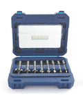 Irwin Marples Forstner bit set, 8-piece metal drill bits for wood in blue plastic case.