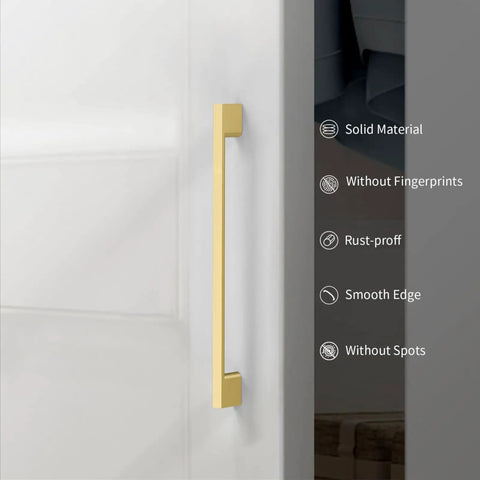 Top Shelf Brushed Gold Cabinet Pulls And Drawer Handles Built From Heavy Duty Zinc Alloy Measuring 10 Inch Center To Center Super Durable Hardware For Kitchen Makeovers And Modern Homes 10 Piece Set, close-up view.