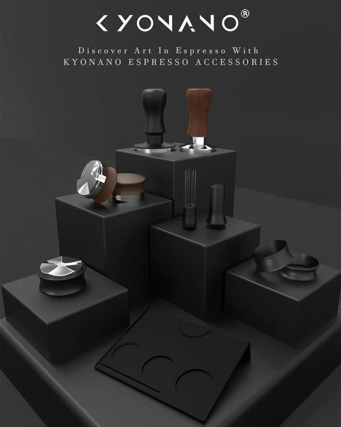 Various espresso tools displayed on black podiums, including tamper, distributor, and tamping mat, promoting KYONANO espresso accessories.