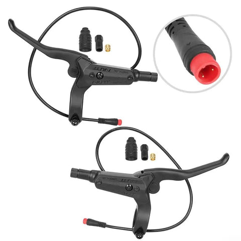 Metal E Bike Brake Lever For Nutt Brake Handles, Durable Bar Mount for electric scooters and folding bicycles, shown with connectors