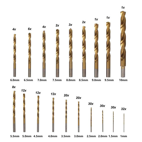 230 Pc Titanium Coated Twist Drill Bit Set HSS 4241 135 Degree Split Point 1.0 To 10mm Metric, various sizes displayed