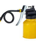 Side view of JUNCHI 8 oz hand pump oil can with long flexible spout, yellow metal body and lever.