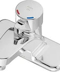 4 Inch Centerset Single Handle Metering Lavatory Faucet Chrome Finish 0.5 GPM With Temperature Limit Stop No Fuss Install
