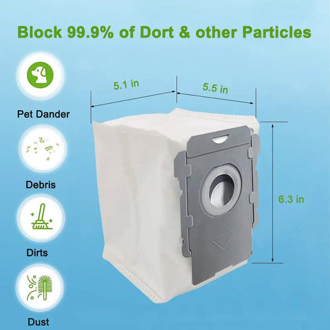 Eight Pack Roomba Vacuum Bags For I7 I8 S9 J7 With Clean Base, showcasing dimensions and filtration capacity.