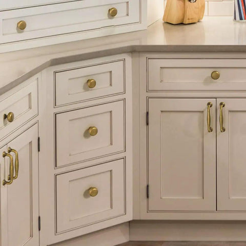 Set Of 12 Elegant Antique Brass Cabinet Knobs For Classic Round Kitchen Hardware Vintage Drawer Pulls in rustic kitchen setting