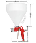 Pro Grade Air Texture Spray Gun With 1.58 Gallon Tank And Easy Swap 4 6 8 Millimeter Tips For No Sweat Stucco Mud Popcorn Ceiling And Orange Peel Knockdown On Any Wall Job, featuring white funnel and red handle.