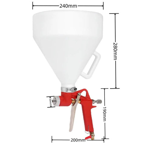 Pro Grade Air Texture Spray Gun With 1.58 Gallon Tank And Easy Swap 4 6 8 Millimeter Tips For No Sweat Stucco Mud Popcorn Ceiling And Orange Peel Knockdown On Any Wall Job, featuring white funnel and red handle.