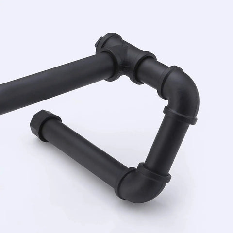 Close-up of Industrial Pipe Style Black Bathroom Storage component for Rustic Farmhouse Toilet Paper Holder Stand With Reserve.