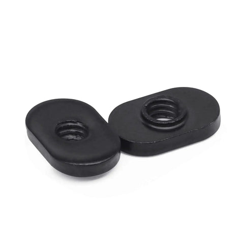 Close-up of Twenty Pack One Quarter Twenty Black T Nuts With Centered Thread For T Slot Track Heavy Duty And Durable For Fifteen Series Aluminum Extrusion One Point Five Inch Base Use With Plates Brackets And Track Accessories, showing centered threading and metal material.