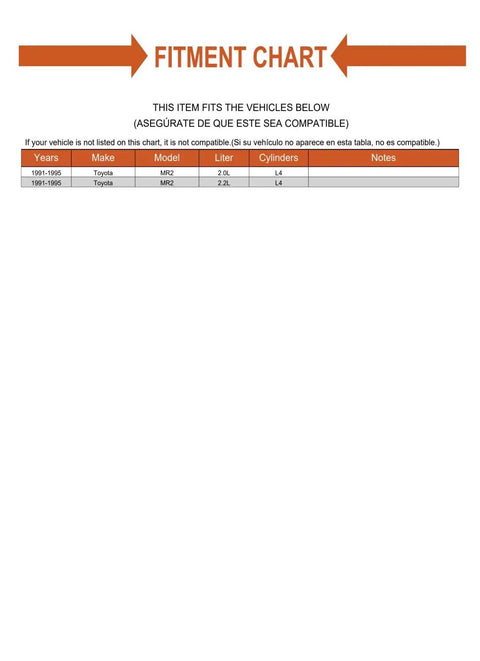 Fitment chart for Front And Rear Strut Cartridge Mount And Bellows Replacement Kit For Toyota Mr2 1991 1995 with specs.