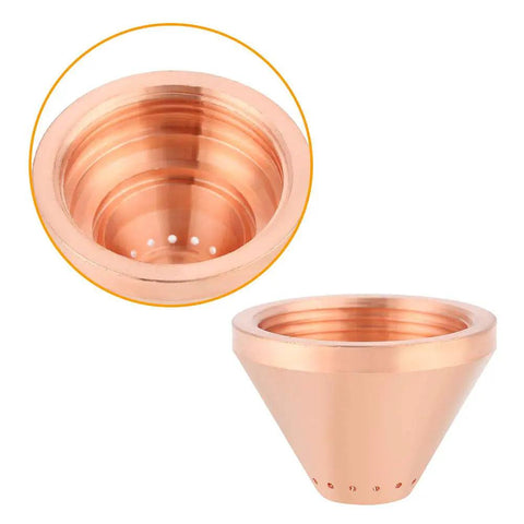 Copper Cup, Nozzle, Tips And Cover Set For Plasma Cutter Torch, showing pro grade heavy duty copper nozzle with inner view