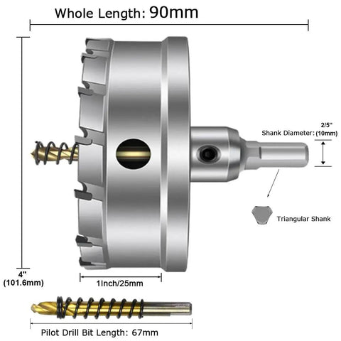 Side view of Heavy Duty Tungsten Carbide Tipped 4 Inch Hole Saw Set With Two Titanium Plated Pilot Bits for metal cutting