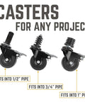 Swivel Caster Wheels For Three Quarter Inch Pipe Four Pack With Locking Mechanism, tool free assembly, for tables and carts.