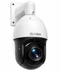 Built Tough 5Mp PoE Plus Auto Tracking Ptz Ip Security Camera Outdoor With Killer 72X Zoom And Smooth Ai Following Pro Dome mounted on a wall.