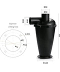 Turbocharged DIY Dust Collector With Double Filtration Cyclone System, black 50mm inlet with dimensions shown, industrial separator.