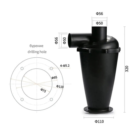 Turbocharged DIY Dust Collector With Double Filtration Cyclone System, black 50mm inlet with dimensions shown, industrial separator.