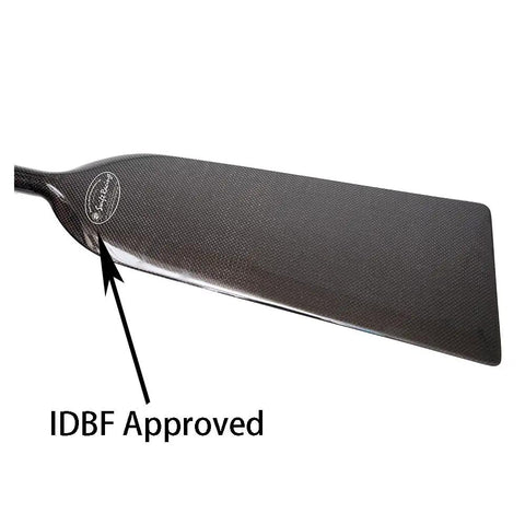 Race Ready Lightweight Carbon Fiber Dragon Boat Paddle IDBF Approved One Piece Design 18cm Blade By 48cm Shaft 360g 12.7oz Fast Response Pro Grade Racing Paddle With 1 Year Warranty showing IDBF approval mark
