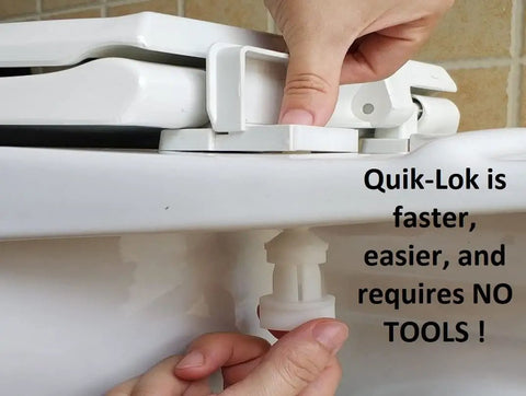 Hands demonstrating tool-free install of Deluxe Slow-Close Elongated Toilet Seat With Vari-Adjust Lok-Down Hinge And Quik-Lok Mounting Hardware