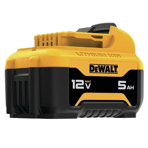Side view of yellow 12V Max 5.0Ah Lithium Ion Battery with Fuel Gauge LED, extended runtime for all 12V Max tools and chargers