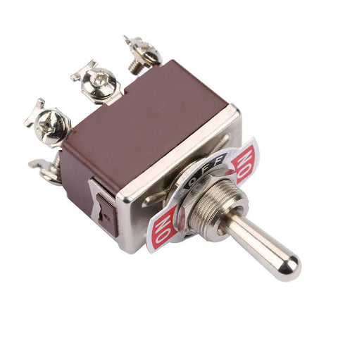 Heavy Duty 12Mm Panel Mount Toggle Switch With On Off On Circuit And Six Pin Connectors Rated At Fifteen Amps 250V Ac shown from angle, compact design with metal finish.