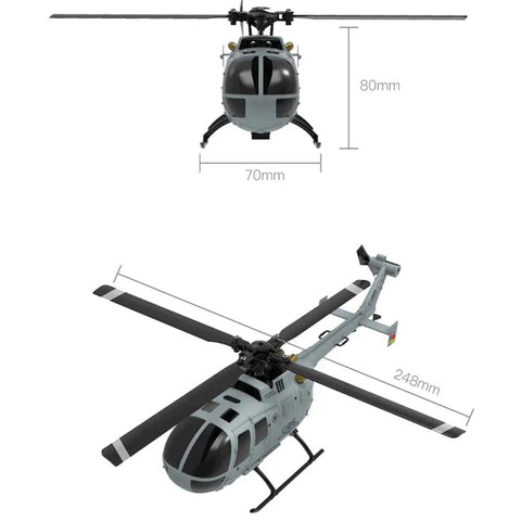 C186 Remote Control Helicopter For Adults 14 Plus Beginners To Pros, front and top view dimensions, grey single rotor model