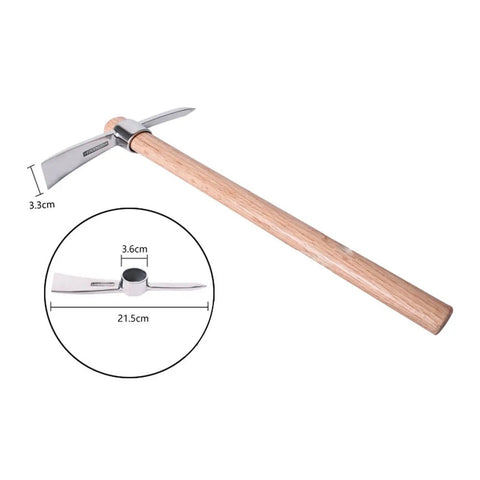 Stainless Steel Pickaxe Mattock For Gardening And Outdoor Work Handheld Tool with measurements shown on wooden handle