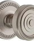 Close-up of Newport Plate Double Dummy with Soleil Knob in Satin Nickel, showcasing detailed solid brass door hardware.