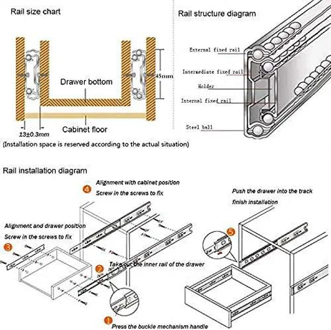 Rail structure and installation diagrams for Heavy Duty Push To Open Drawer Slides With Full Extension Soft Close Ball Bearing Runners.