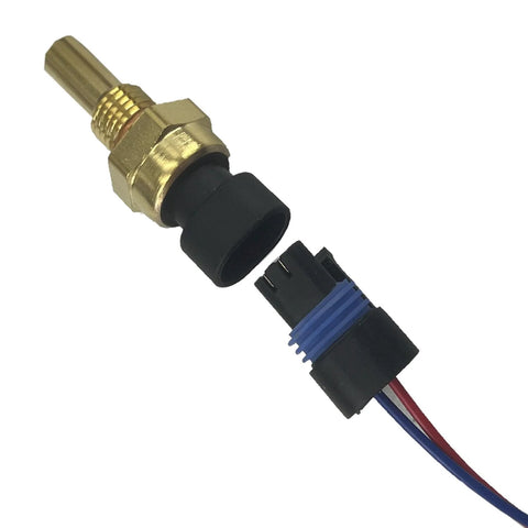 Engine coolant temperature sensor, angled view; brass body, black connector, blue ring, red/blue wires.