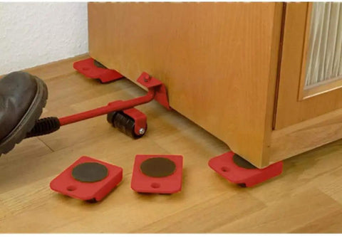 Heavy Duty Furniture Lifter Tool Set With Lifting Lever And Four Wheel Sliders in use under wooden cabinet