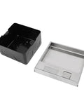 Effortless Recessed Floor Electrical Outlet Kit With Snappy Two Prong Pop Up Cover And Heavy Duty Push Plate, showing black and stainless steel components.