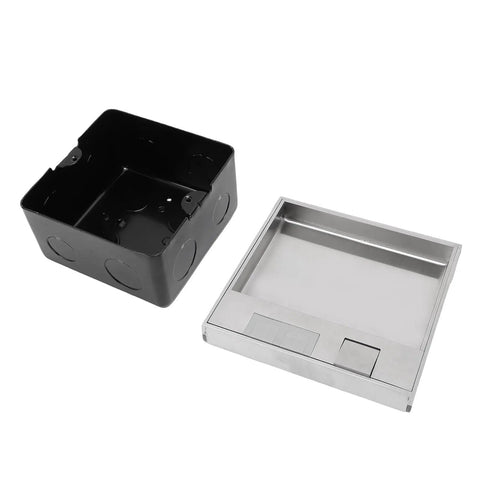 Recessed Floor Electrical Outlet Kit With Flat Concealed Silver Cover And Easy Pull Opening Handle Heavy Duty Concealed Power Grommet Box parts including black box and silver cover.